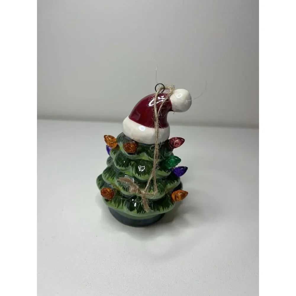 Green Ceramic Christmas Tree Light Up Ornament Santa Hat Working! VTG Xmas